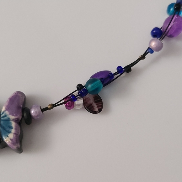925 Vintage Butterfly Pottery Necklace Artisan Glass Beaded Purple Cats Eye Vtg - Picture 5 of 16